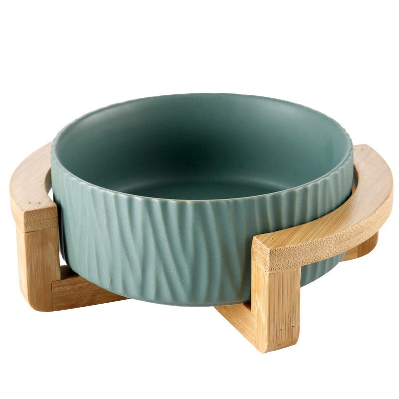 Ceramic cat food bowl with wooden stand - Tabby n Co