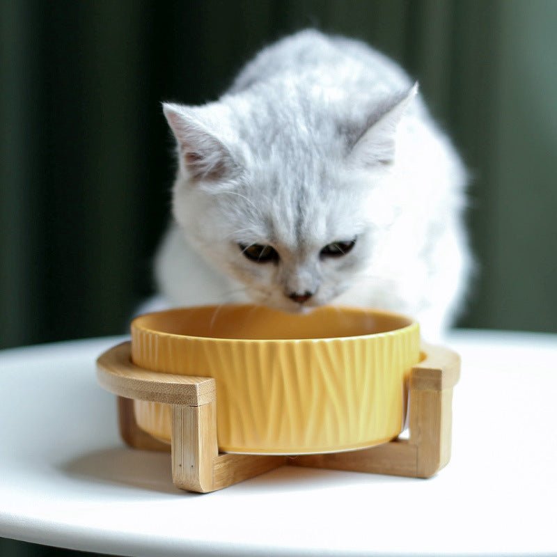 Ceramic cat food bowl with wooden stand - Tabby n Co