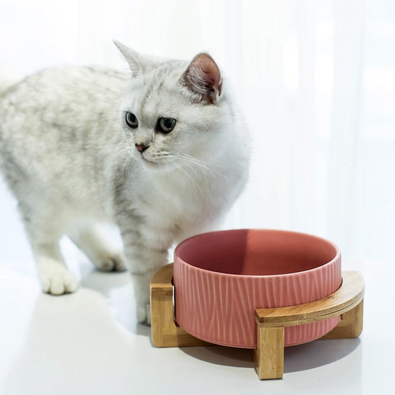 Ceramic cat food bowl with wooden stand - Tabby n Co