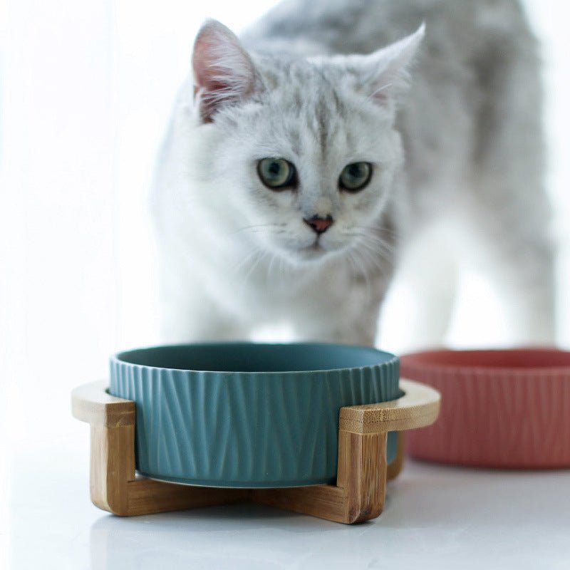 Ceramic cat food bowl with wooden stand - Tabby n Co