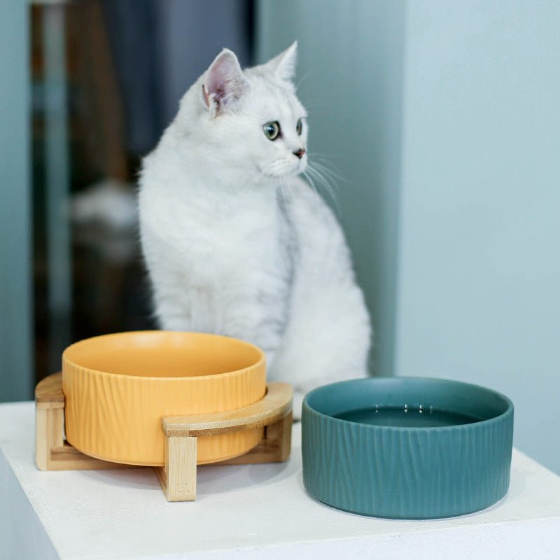 Ceramic cat food bowl with wooden stand - Tabby n Co