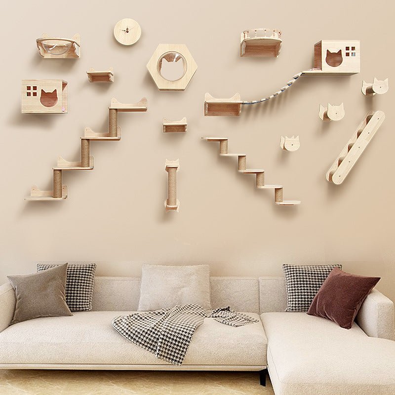 Deluxe Wall - Mounted Cat Climbing Set | Wooden Cat Shelves, Steps & Playhouses - Tabby n Co
