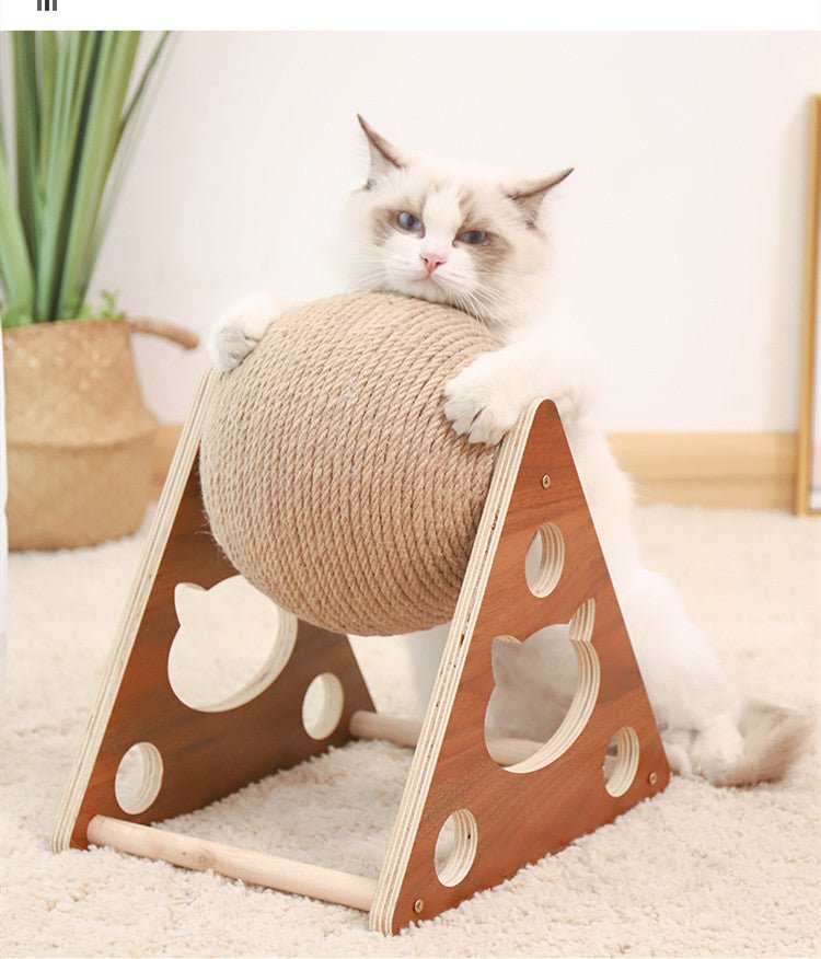 Solid Wood Cat Scratcher with Rope Ball – Interactive Claw Care - Tabby n Co